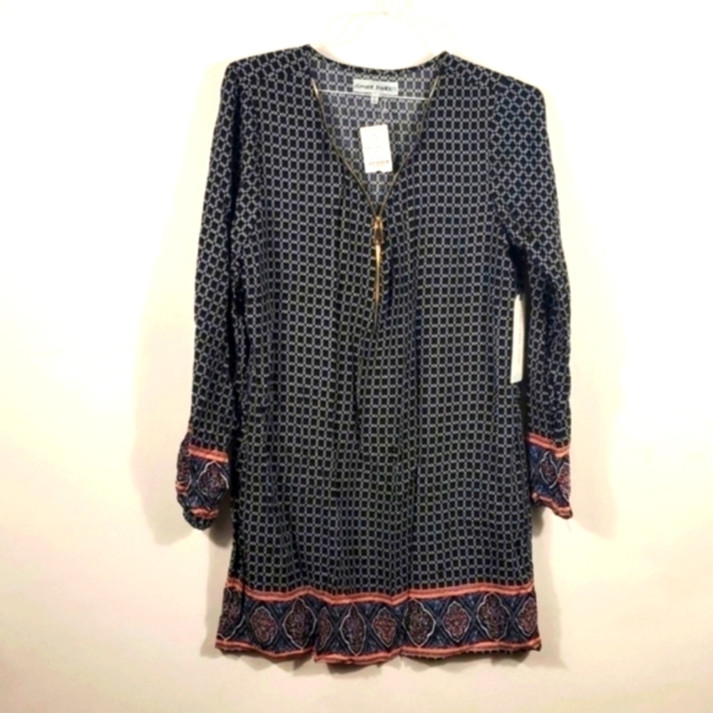 NWT Almost Famous Black Print Peasant Boho Dress Size Large